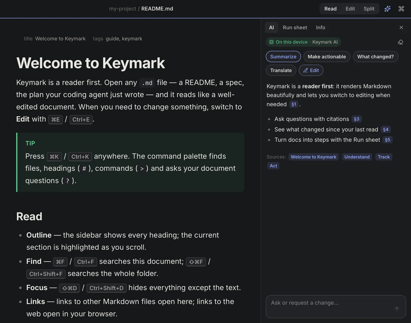 The Keymark AI panel next to a document, with a summary whose points cite the sections they come from.