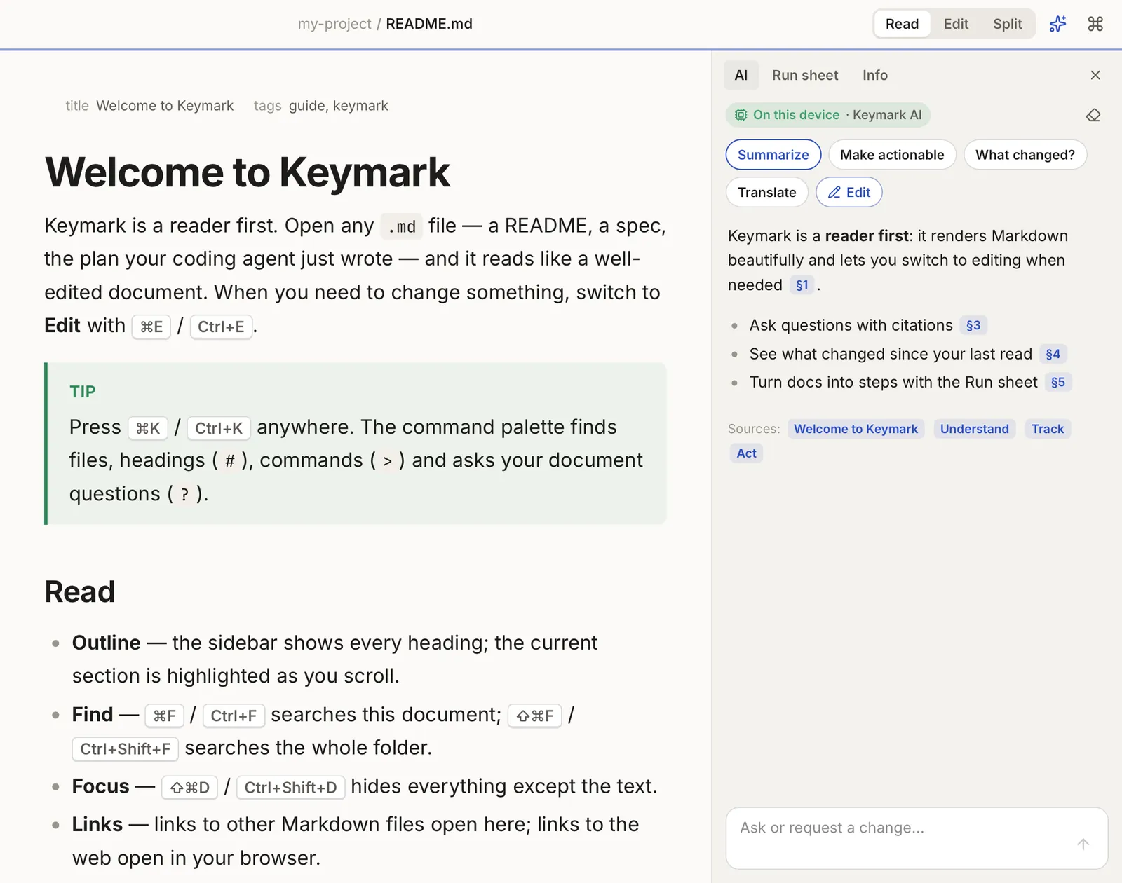 The Keymark AI panel next to a document, with a summary whose points cite the sections they come from.