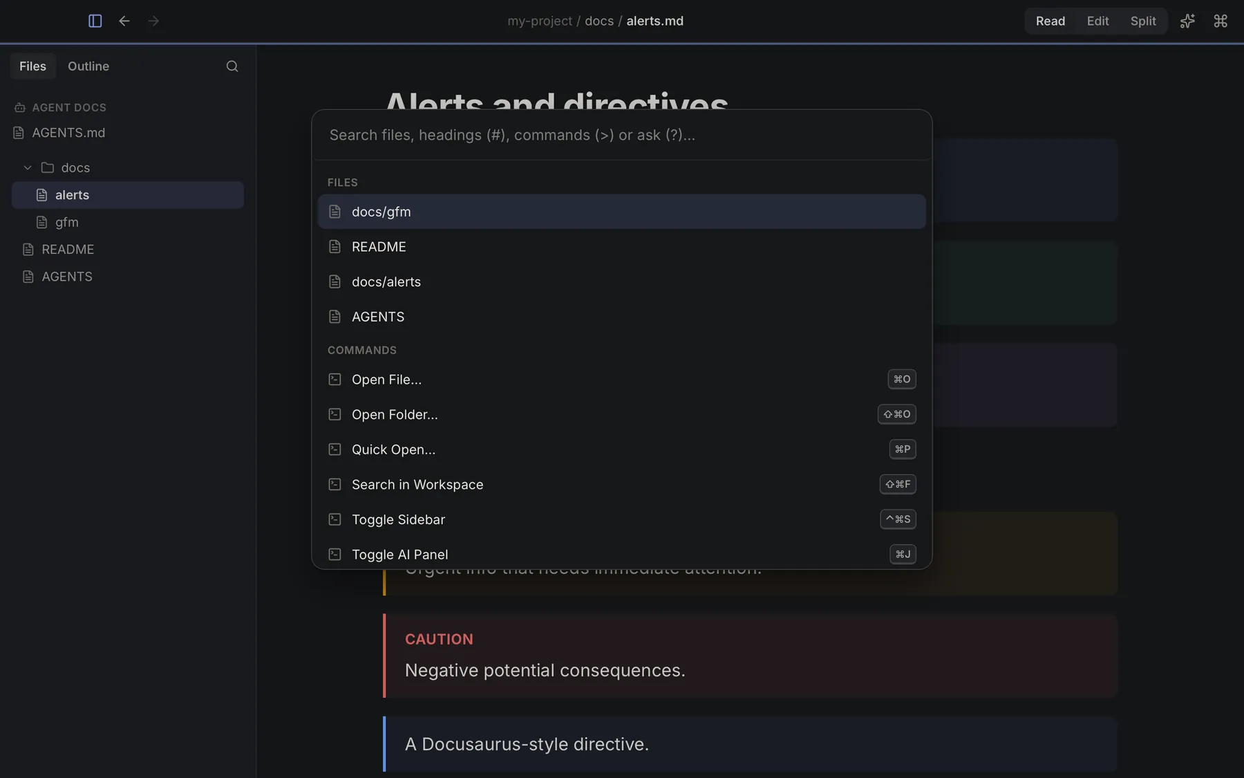 The Keymark command palette open over a workspace, listing files and commands, with the file sidebar on the left.