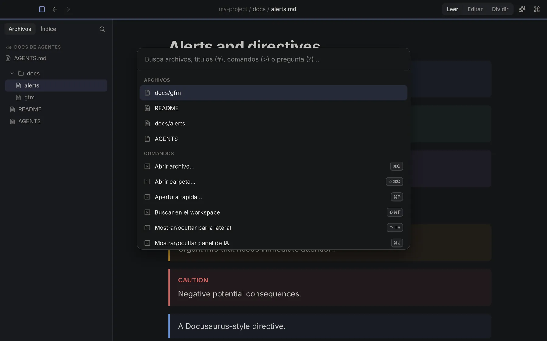 La paleta de comandos de Keymark abierta sobre un espacio de trabajo, con archivos y comandos, y la barra lateral de archivos a la izquierda.