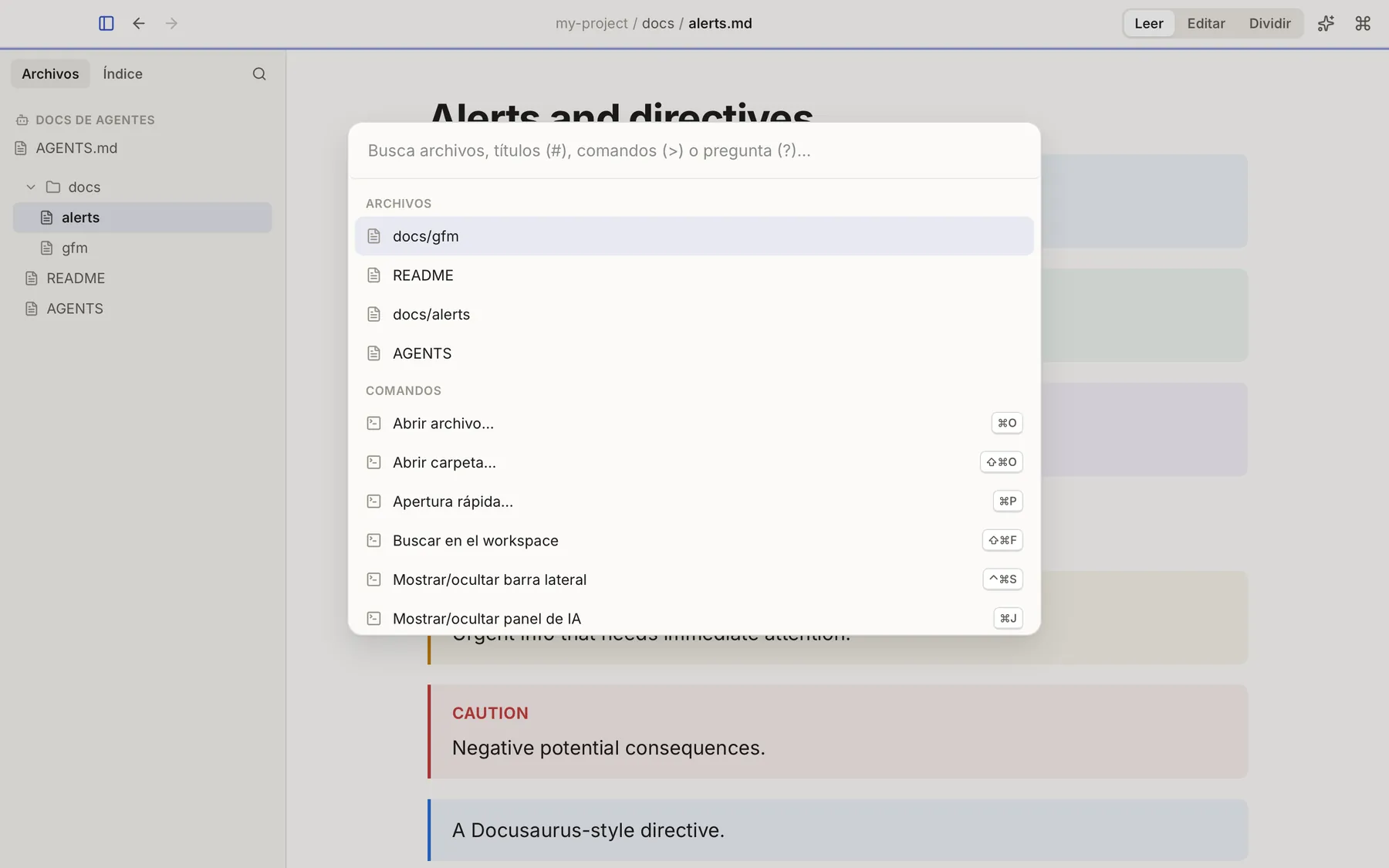 La paleta de comandos de Keymark abierta sobre un espacio de trabajo, con archivos y comandos, y la barra lateral de archivos a la izquierda.