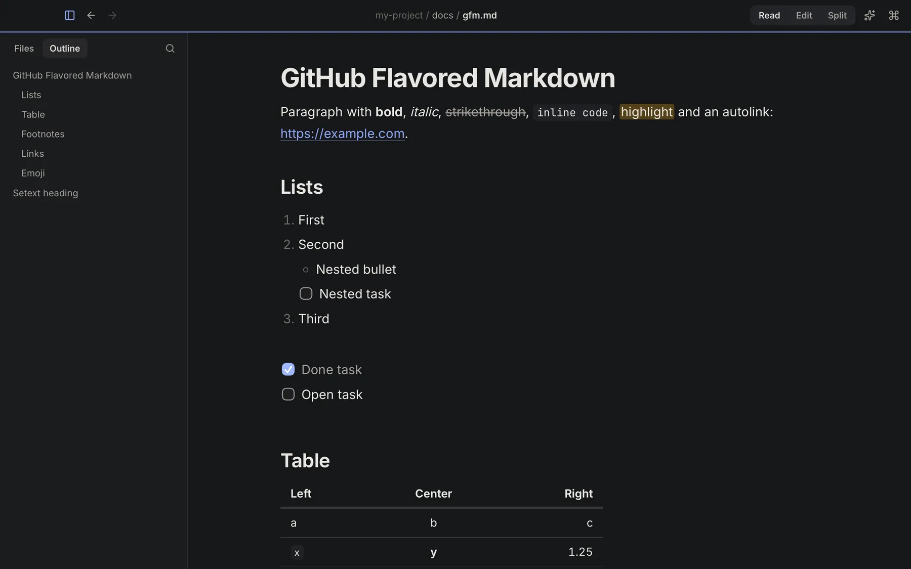 Keymark in Read mode showing a GitHub Flavored Markdown document, with the Outline panel listing its headings.