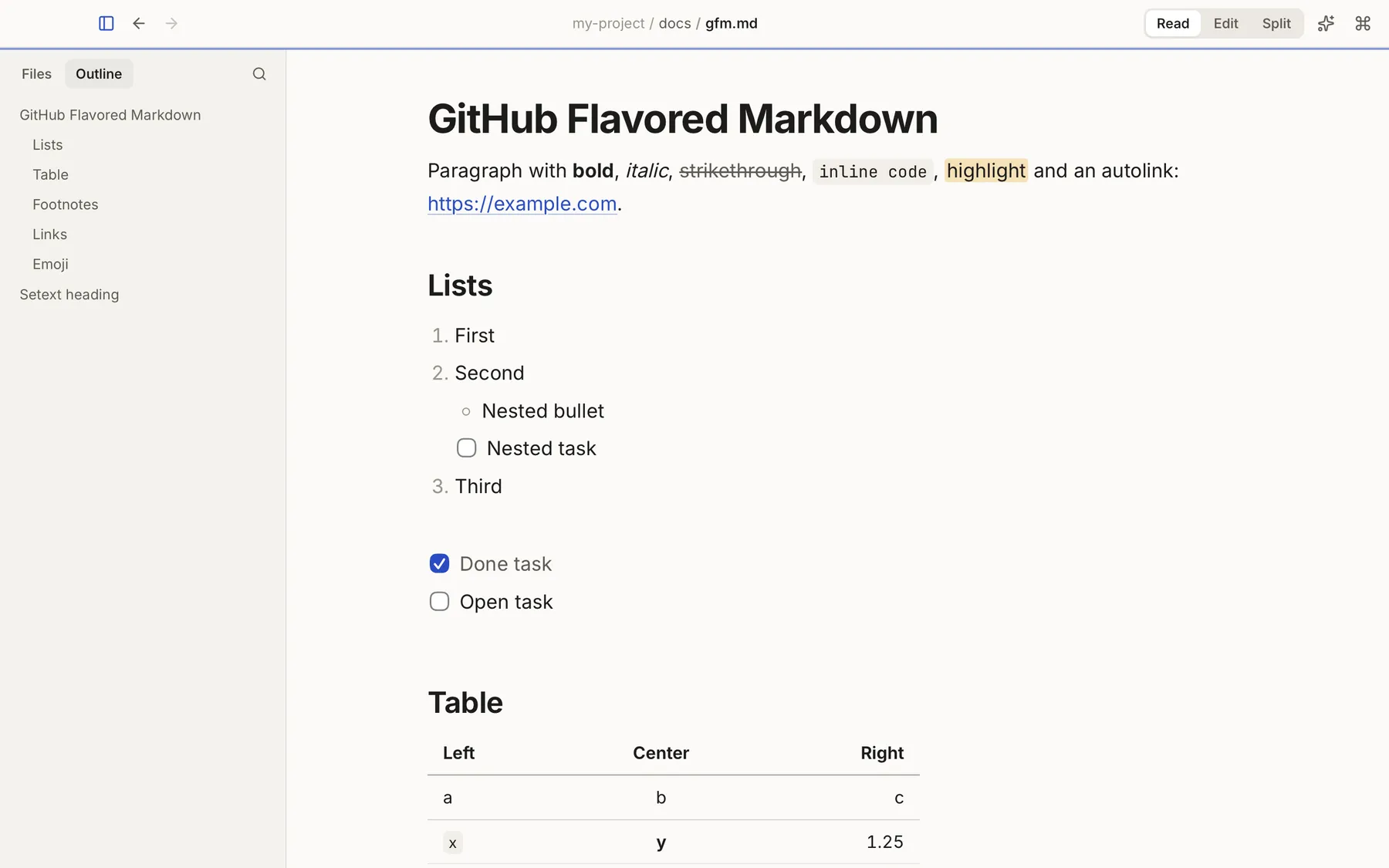 Keymark in Read mode showing a GitHub Flavored Markdown document, with the Outline panel listing its headings.