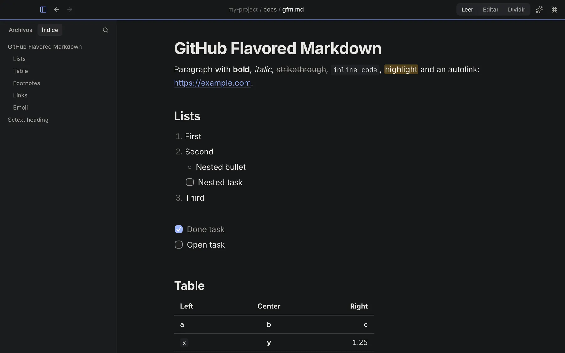 Keymark en modo lectura con un documento de GitHub Flavored Markdown y el panel Índice con sus títulos.