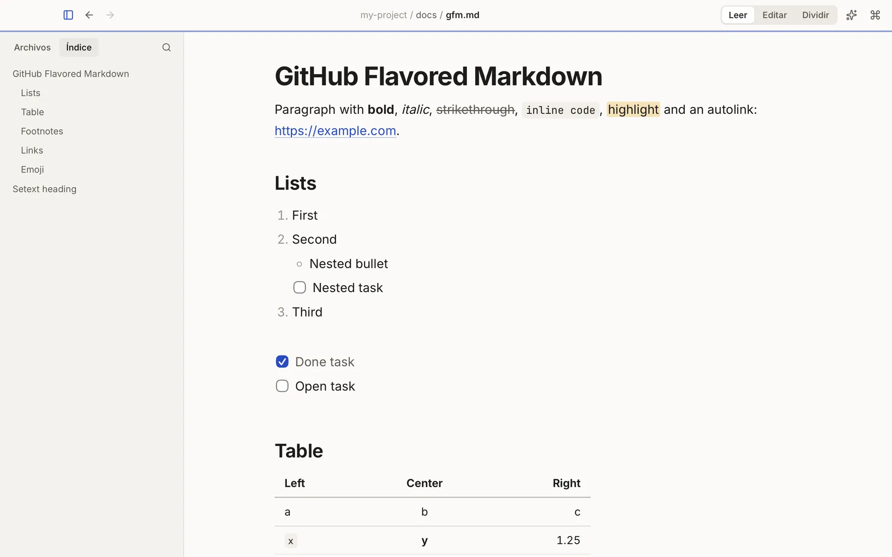 Keymark en modo lectura con un documento de GitHub Flavored Markdown y el panel Índice con sus títulos.