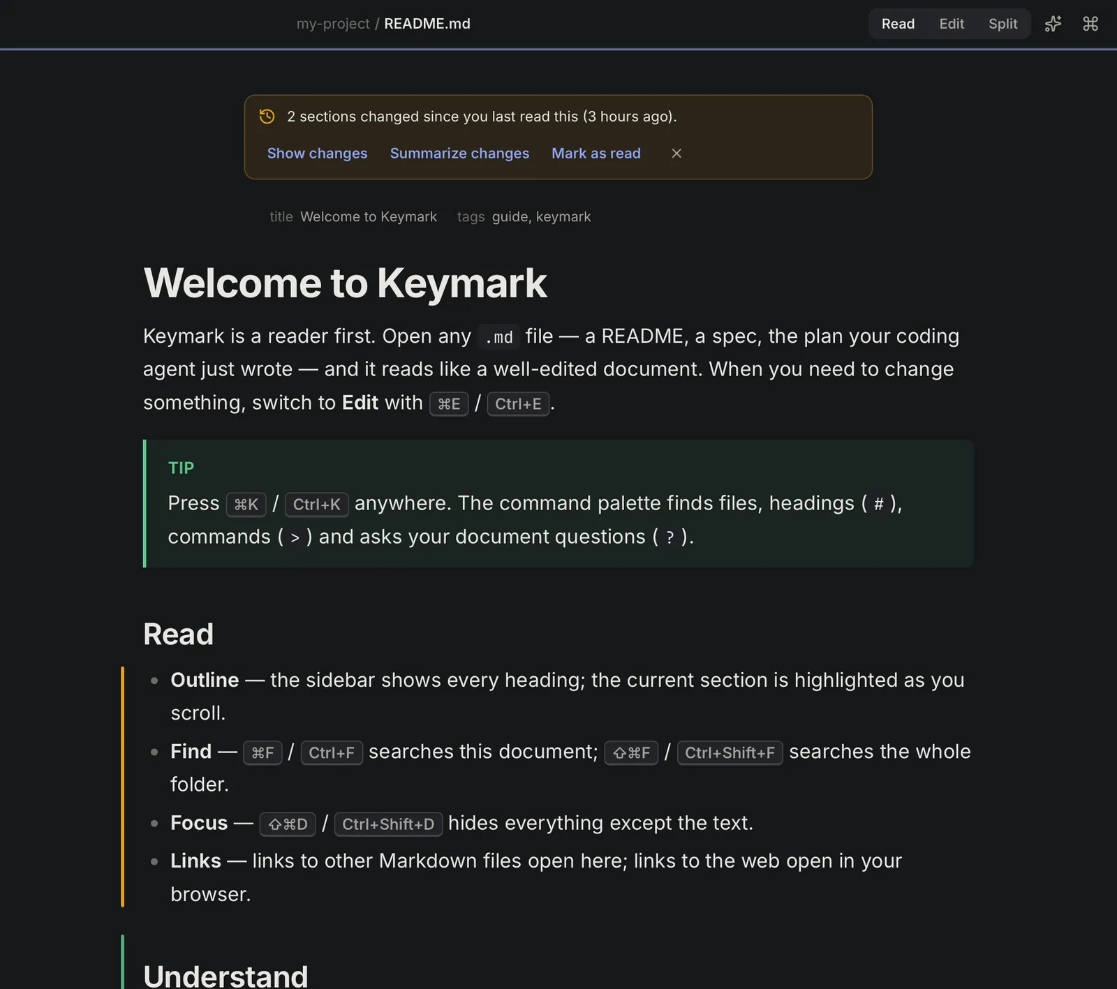 Keymark with a banner saying two sections changed since the last read, an amber bar next to a modified list and a green bar next to a new section.
