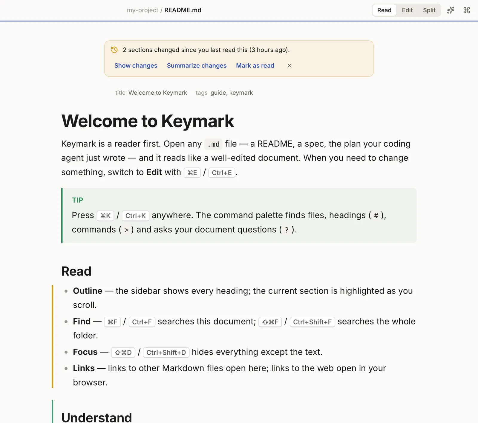 Keymark with a banner saying two sections changed since the last read, an amber bar next to a modified list and a green bar next to a new section.