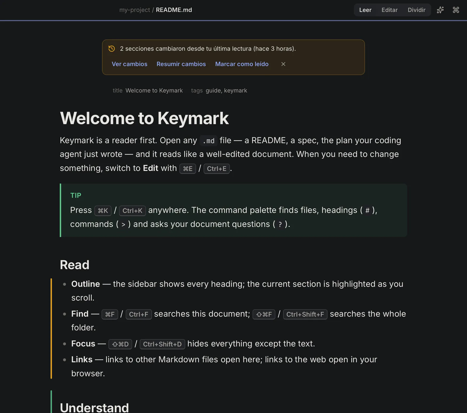 Keymark con un aviso de que dos secciones cambiaron desde la última lectura, una barra ámbar junto a una lista modificada y una barra verde junto a una sección nueva.