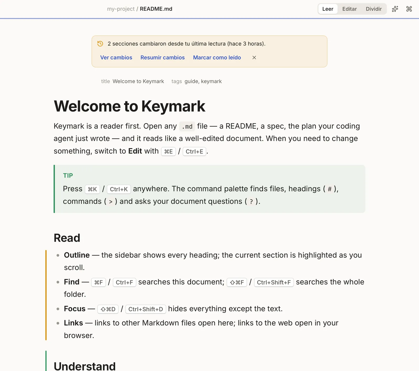 Keymark con un aviso de que dos secciones cambiaron desde la última lectura, una barra ámbar junto a una lista modificada y una barra verde junto a una sección nueva.