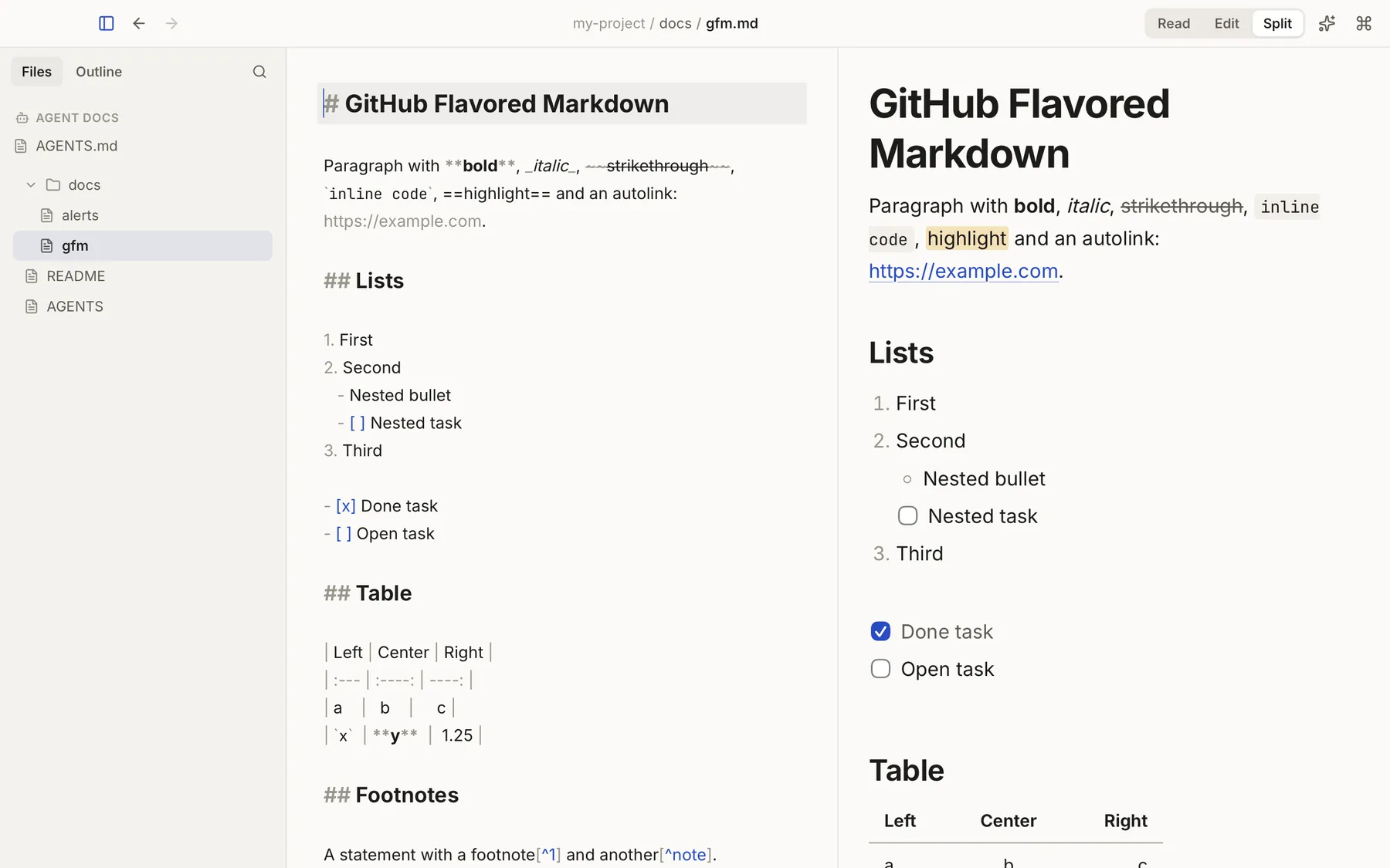 Split view: Markdown source on the left and the rendered document on the right.