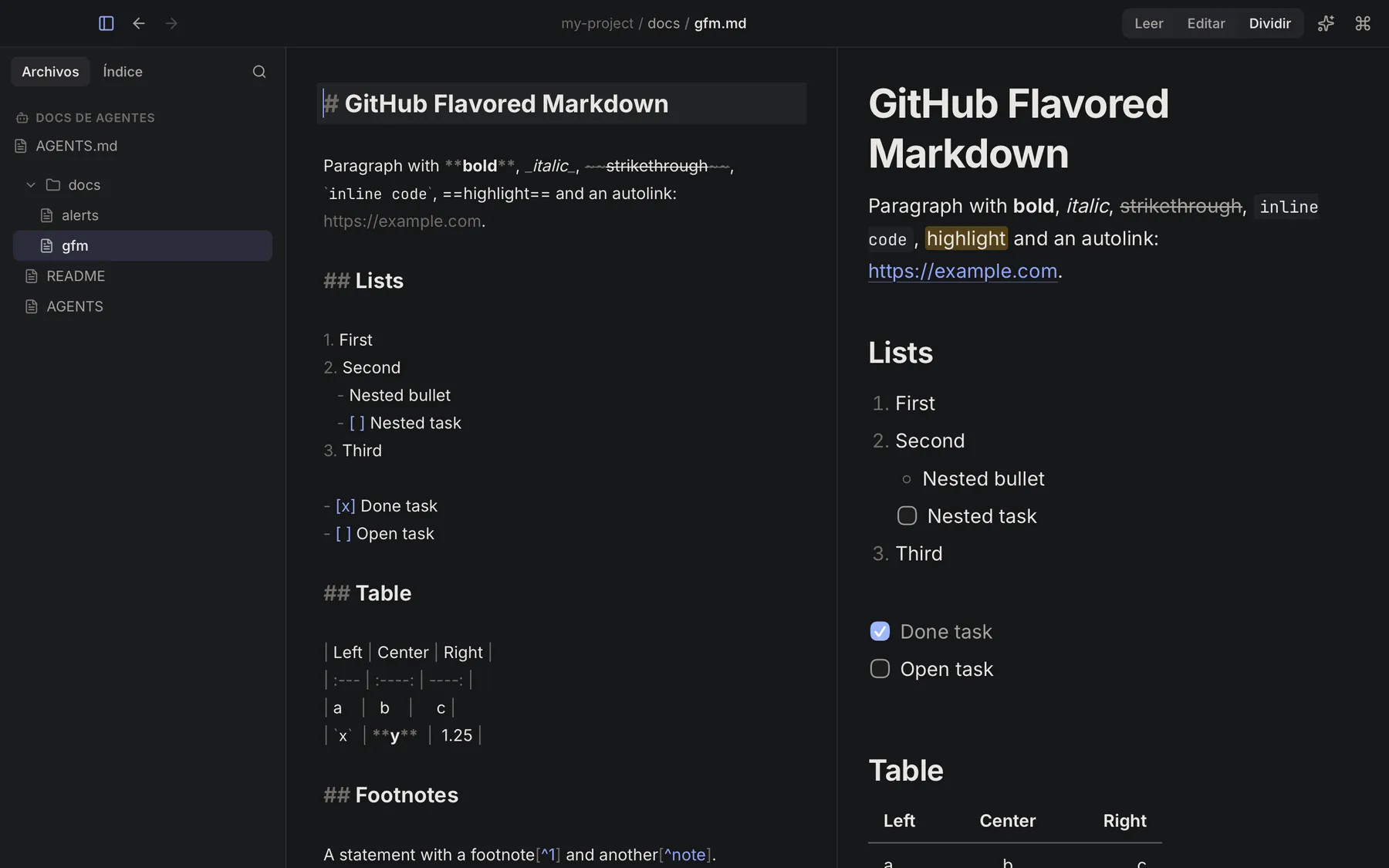 Vista dividida: el código Markdown a la izquierda y el documento renderizado a la derecha.
