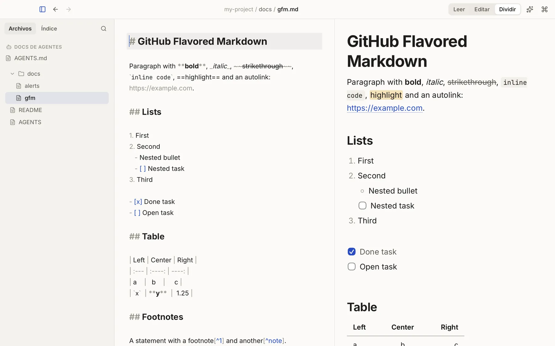 Vista dividida: el código Markdown a la izquierda y el documento renderizado a la derecha.